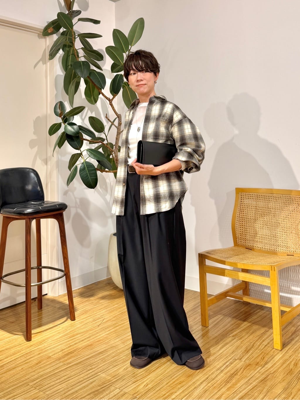 美品【Whim Gazette】シャギー チェック シャツ サイズフリー ウィムガゼット Whim Gazette シャギーチェックシャツ （gray） -靴